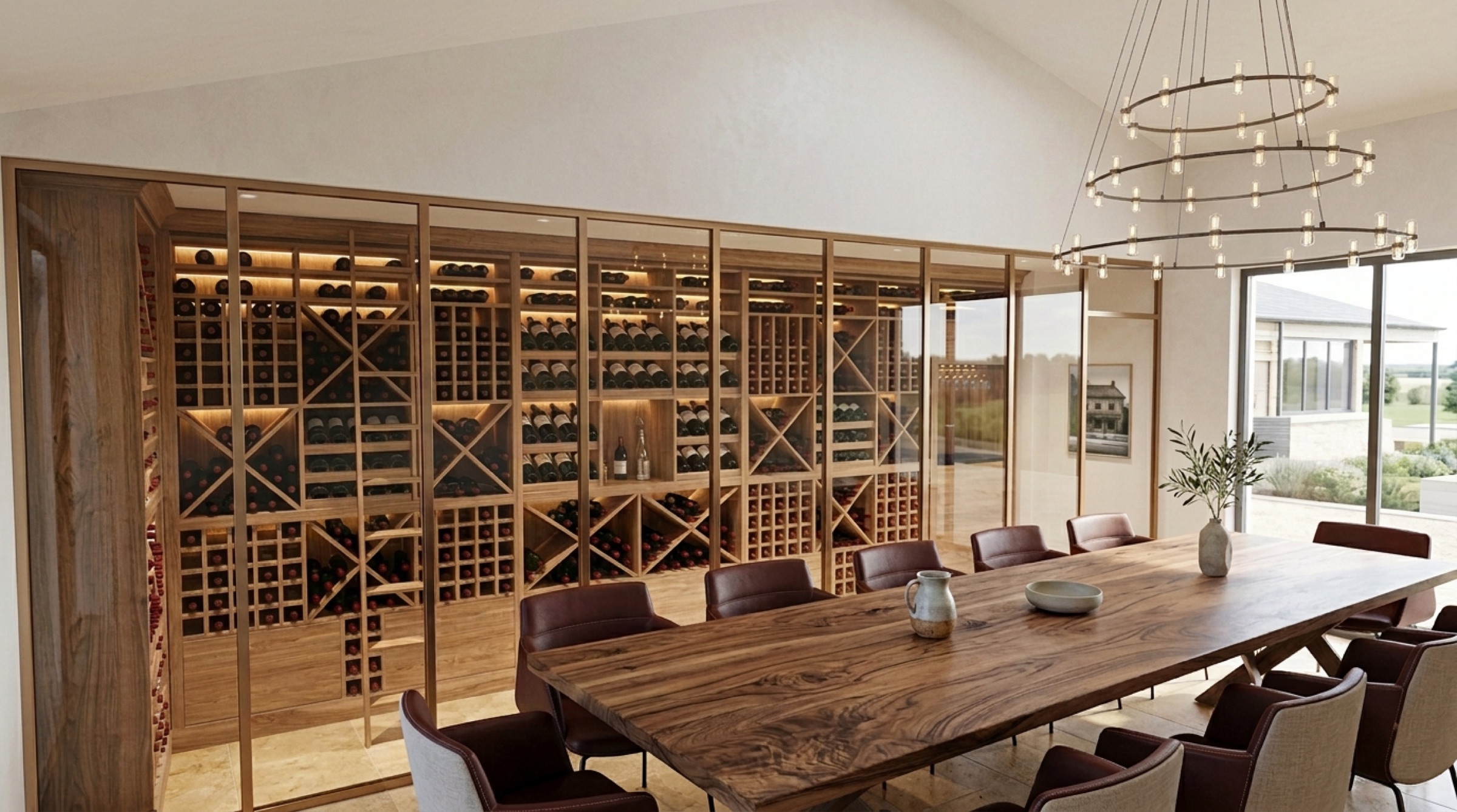 Same room transformed into a refined wine cellar and dining space