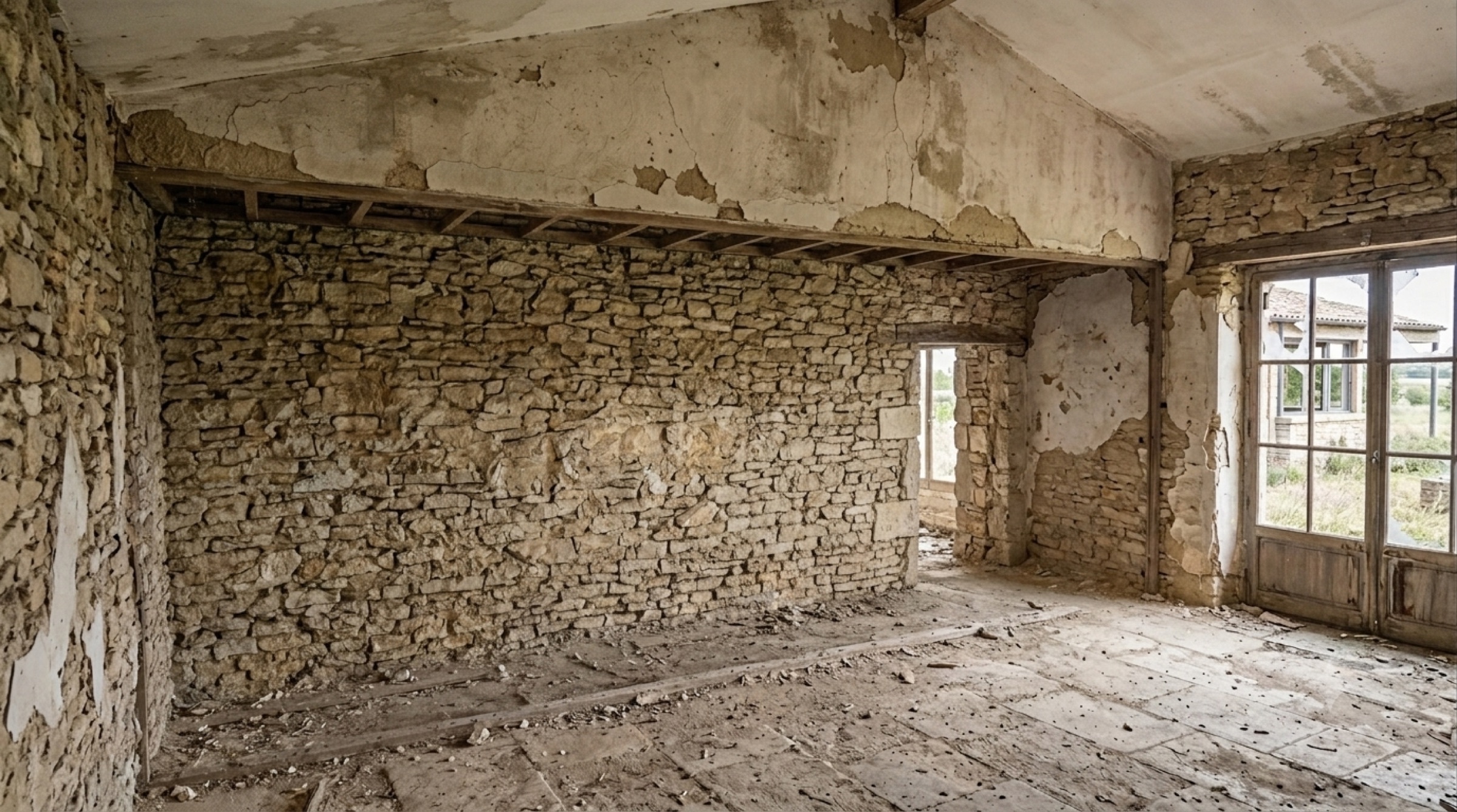Derelict stone room before renovation