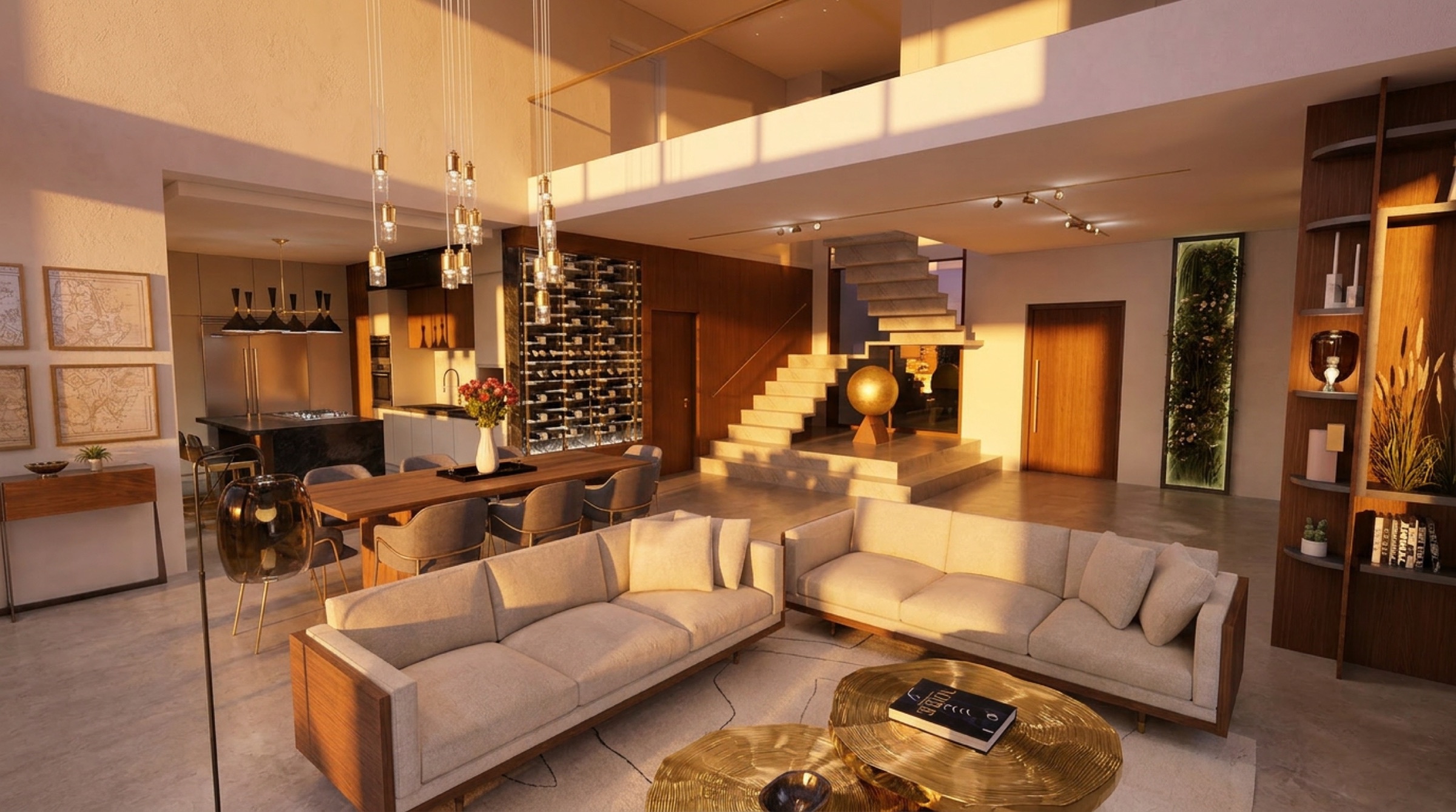 Open living space with a curated wine display and warm ambient lighting