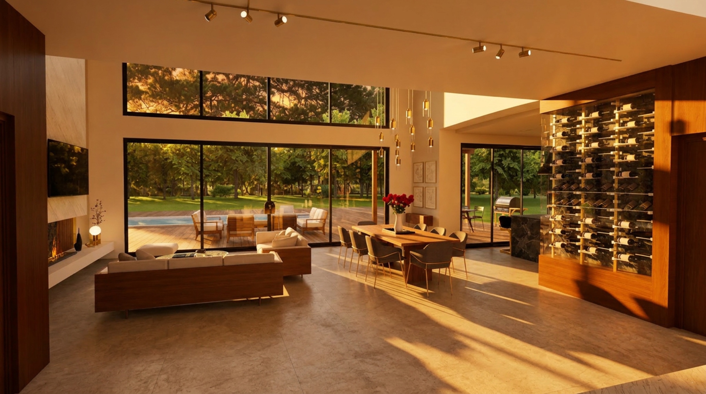 Living room and wine lounge bathed in golden interior light