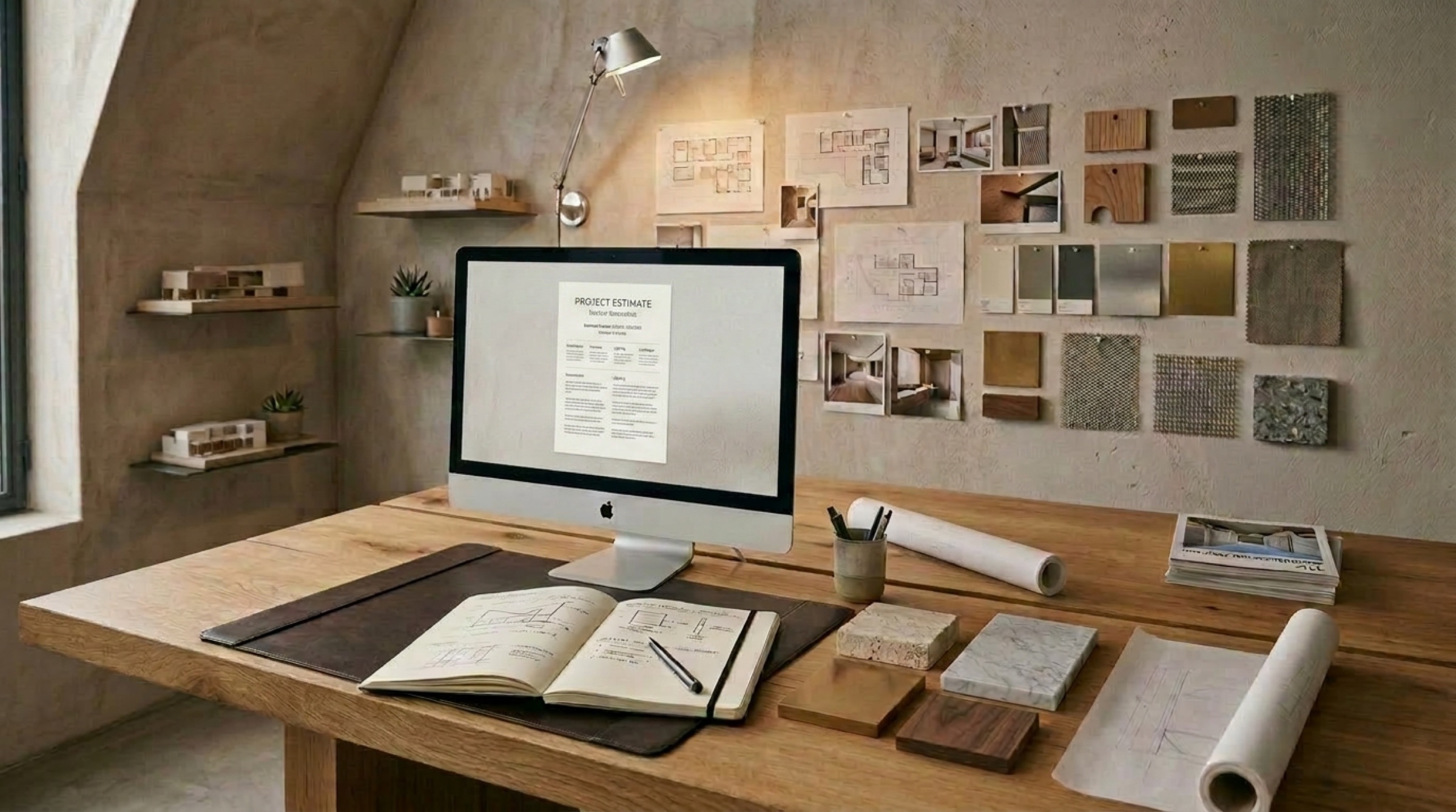Architect's desk with material samples, finish swatches and renovation sketches
