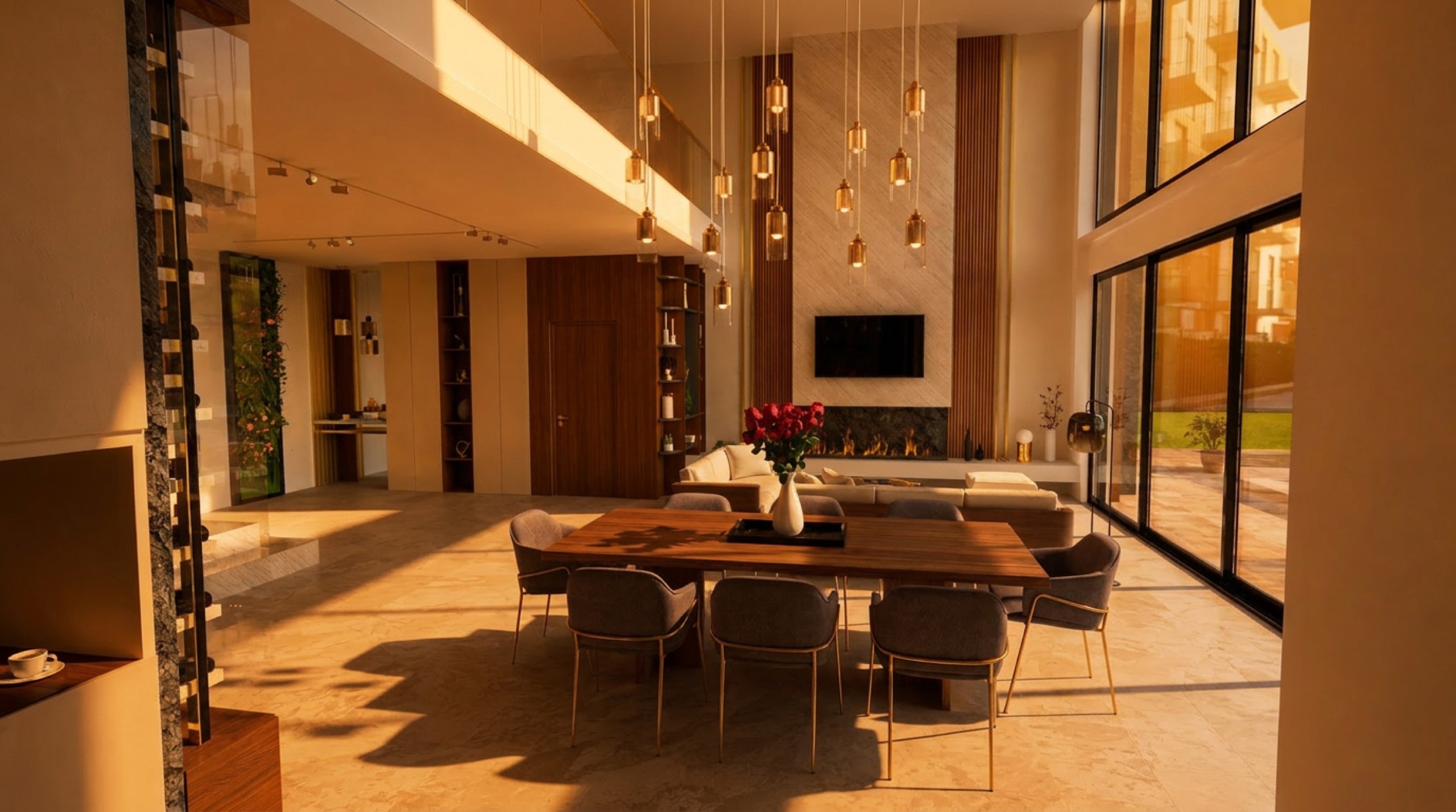Warm-lit interior of a contemporary luxury villa at dusk